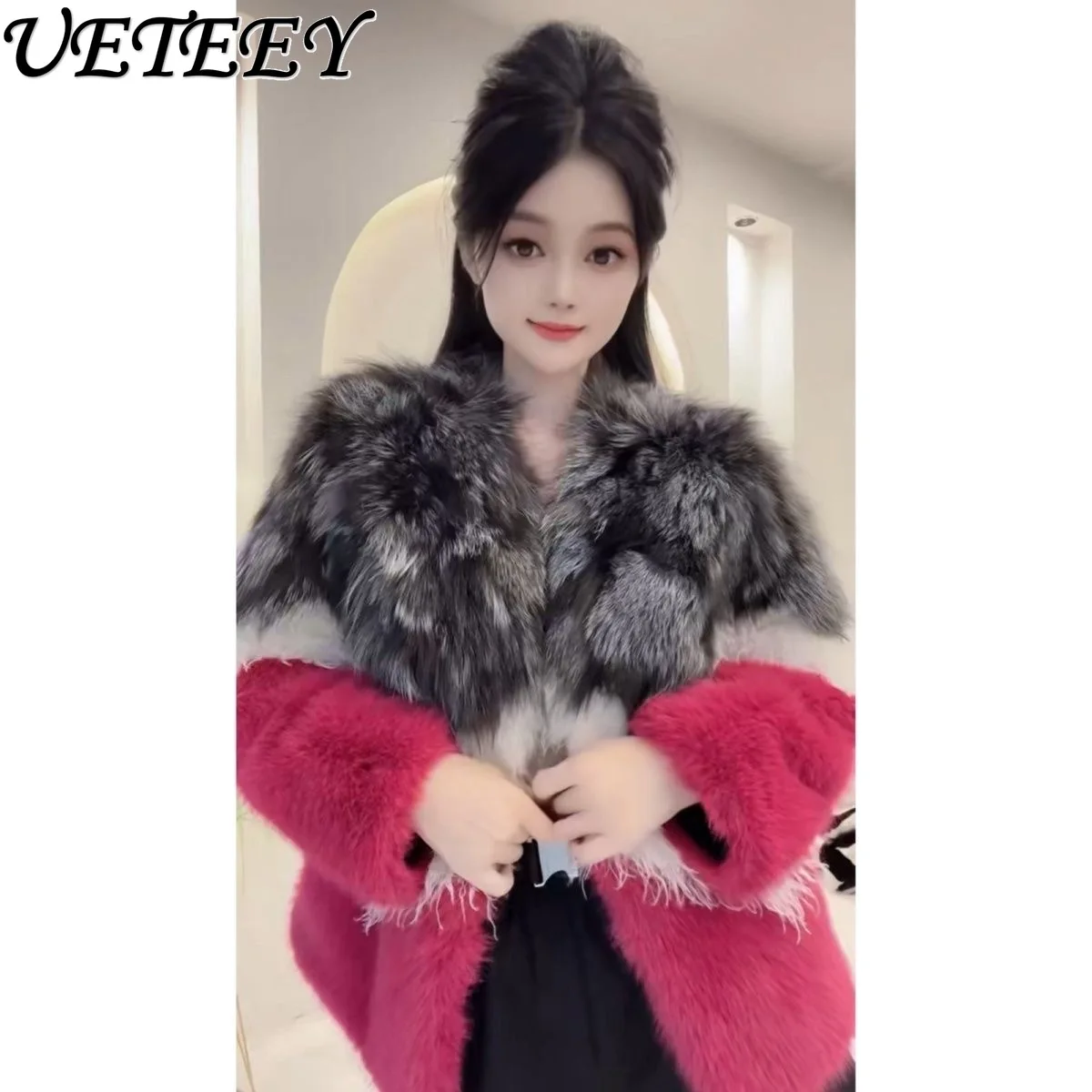

High-End Fashion Color-Block Furry Short Coat Korean Version Heavy Craft Luxury Fox Fur Collar Fur Hot-Selling Faux Fur Coat