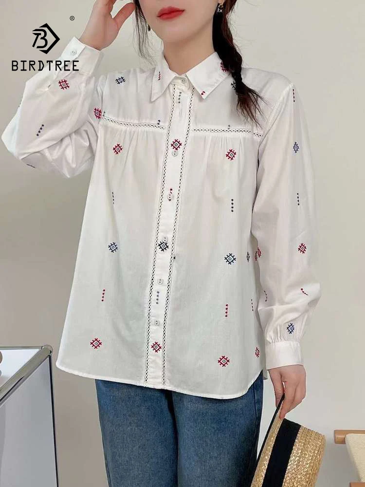 

New 2026 Spring Women Cotton Long Sleeve Shirt, Turn-down Collar Embroidery, Mori Girl Fashion OL Commute Loose Blouse T63820CC