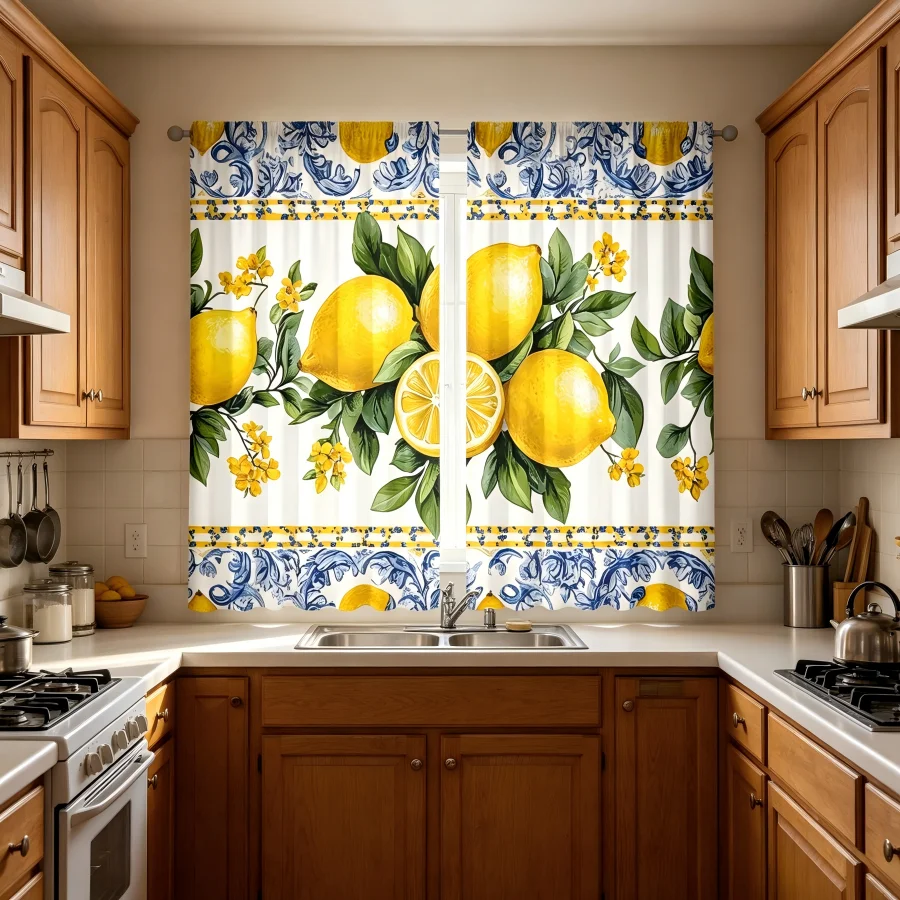 2PCS Digital Print  Curtain, Blue Porcelain Lemon, Bohemian Style  Curtain Panel for Home Living Room Bedroom Decor
