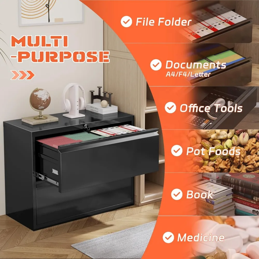 خزانة ملفات قفل معدنية سوداء ذات درجين للمكتب المنزلي، تخزين آمن مع آلية القفل