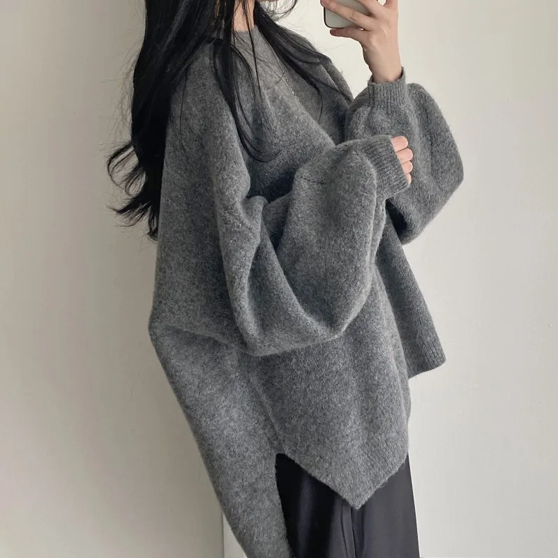 

Vintage O Neck Sweater Women Winter Long Lantern Sleeve Loose Slit Pullover Knitted Jumpers Simple Harajuku Sweaters Solid