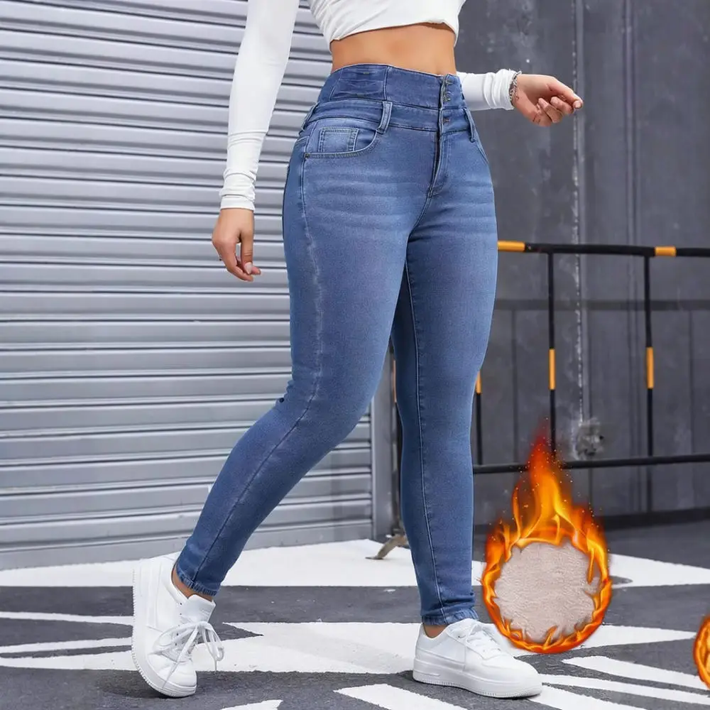 Womens Thickened Thermal Jeans Winter Slim Fit Fleece Pencil Pants Elastic Mid Waist Button Decor Trendy Blue Denim Trousers