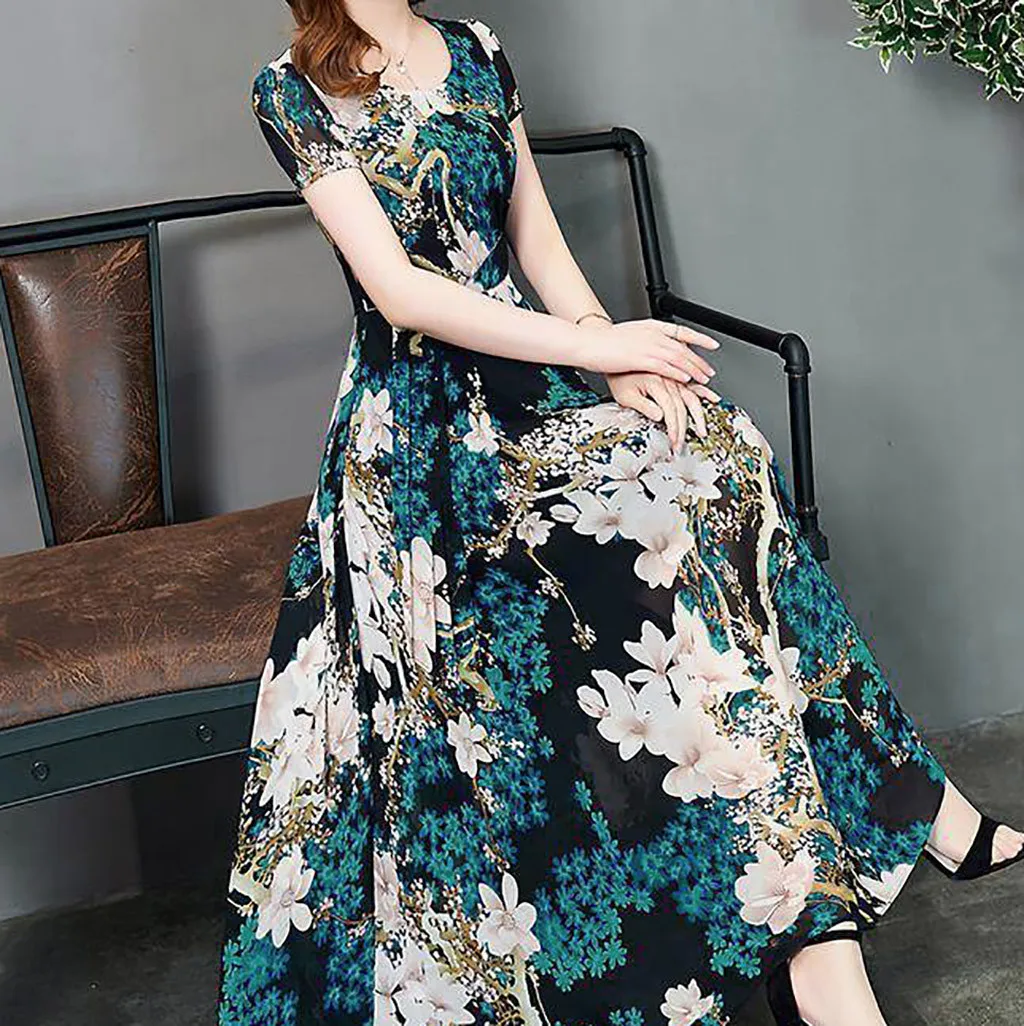 Women'S Bohemian Floral Print Ankle-Length Dress Elegant Summer Round Neck Short Sleeve Tank Dress Casual Holiday Dress