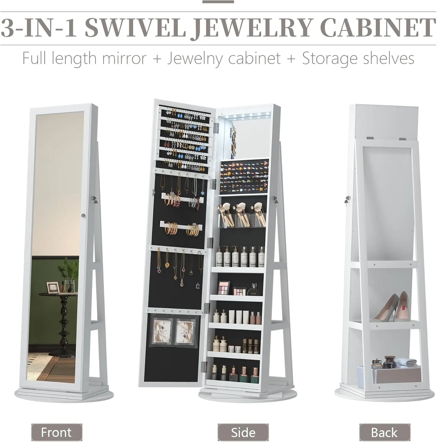 LED Full-Length Mirror Jewelry Armoire for Women, Free Standing Mirror with Jewelry Storage, 360° Swivel Jewelry Cabinet