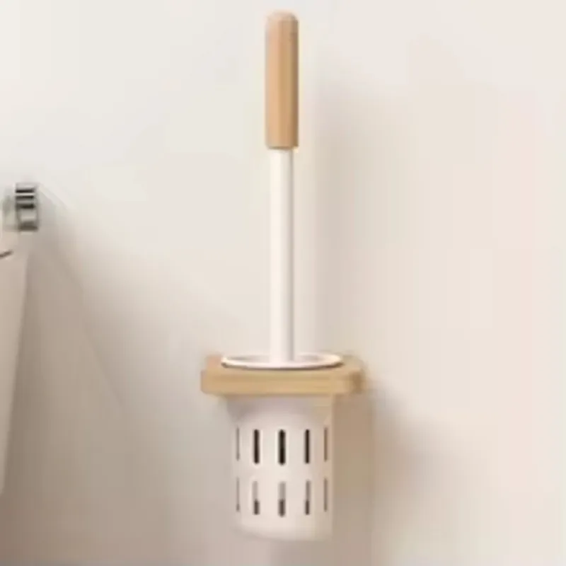 A01F-Bathroom Self Adhesive Toilet Brush Wall Type Household Toilet Rack Brush Non Perforated Toilet Wooden Handle Brush