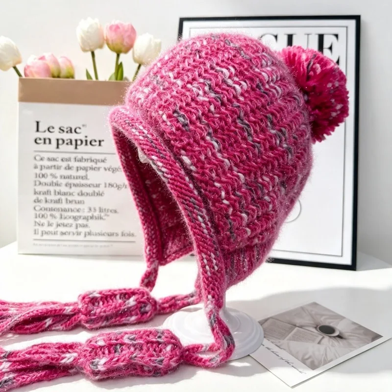 Women's Autumn Winter Chunky Knit Beanie Ethnic Style Ear Cover Japanese Tie Pom Pom Hat