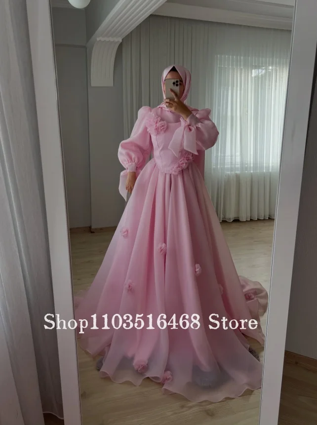 Sweet Pink Blush Muslim Wedding Dress Customized 3D Floral Islamic Evening Gown Engagement Dress Bridesmaid Dress Prom Dress2026