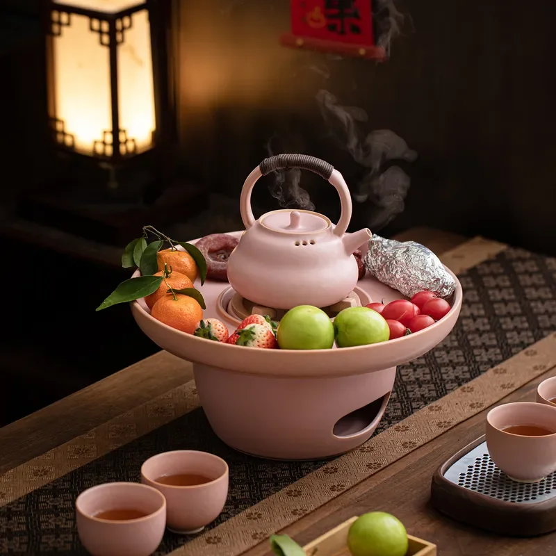 Portable Ceramic Tea Stove Set with Kettle and Teapot for Outdoor Camping Charcoal Alcohol Burner Pink Blossom Design