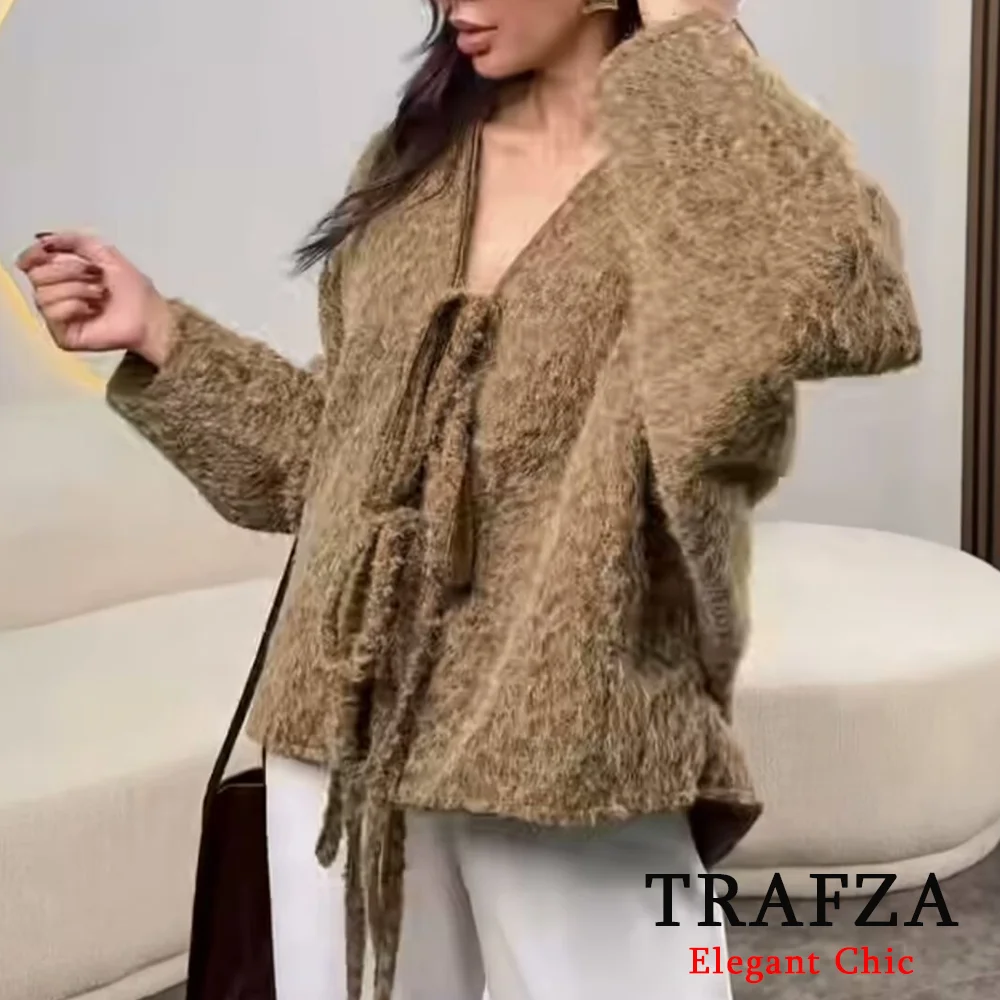 

TRAFZA Vintage Loose Solid Bow Tie V-Neck Coat Women's Coat New Autumn Winter Casual Fashion Jacket Coat