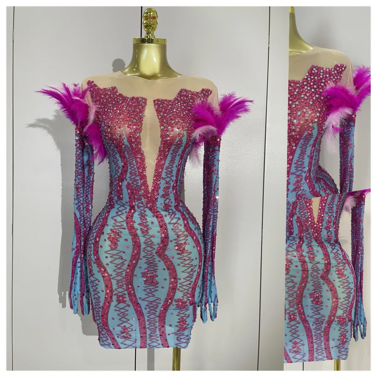 

2025Women Evening Birthday Party Nightclub Stage Costume Luxury Sparkly Colorful Rhinestone Feather Mesh Long Sleeved Mini Dress
