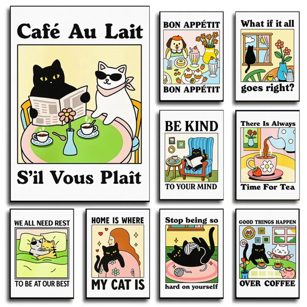 Bon Appétit Cartoon Dessert Table Be Kind To Your Mind Cat Poster Inspirational Quote Canvas Painting Print Wall Home Decoration