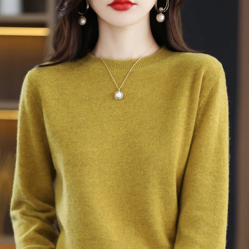 100% pura lã de cashmere camisola das mulheres O-pescoço pullover casual malha top outono e inverno das mulheres casaco coreano moda