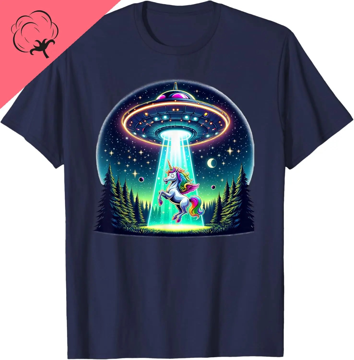 Rainbow Unicorn Abduction Alien Invasion Funny UFO Spaceship Cotton Tee Breathable and Comfortable Ropa Hombre