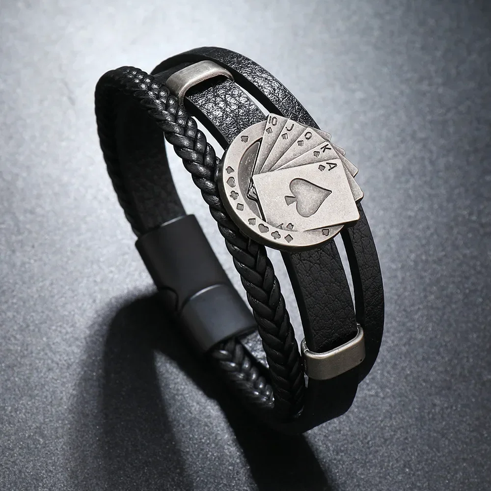 Lucky Vintage Men's Friendship Bracelet Playing Cards Raja Vegas Charm Multilayer Braided Leather Bracelet Pulseira Masculina