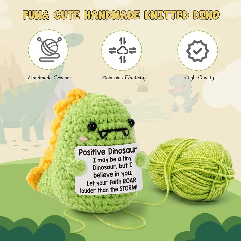 

1PCS Crochet Positive Donut Dinosaur Tiny Mini Ornament Gifts with Emotional Card Creative Desk Decoration & Present for Friends