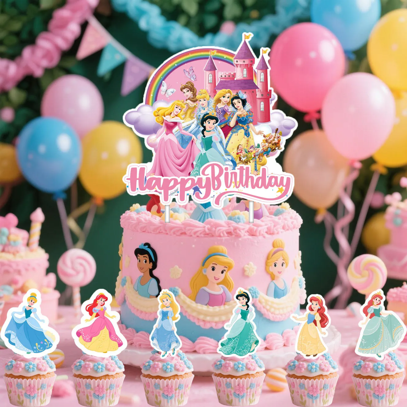 Tarjeta decorativa para pastel de princesa, tarjeta decorativa con bandera para pastel de fiesta de princesa, tarjeta decorativa para vasos de fiesta de cumpleaños