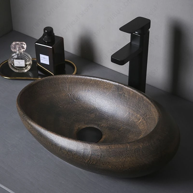 Brown Oval Ceramic Vessel Sink Above Counter Egg Shape Basin Bathroom Vanity Table Sink Glazed Art Washing Basin For Lavatory