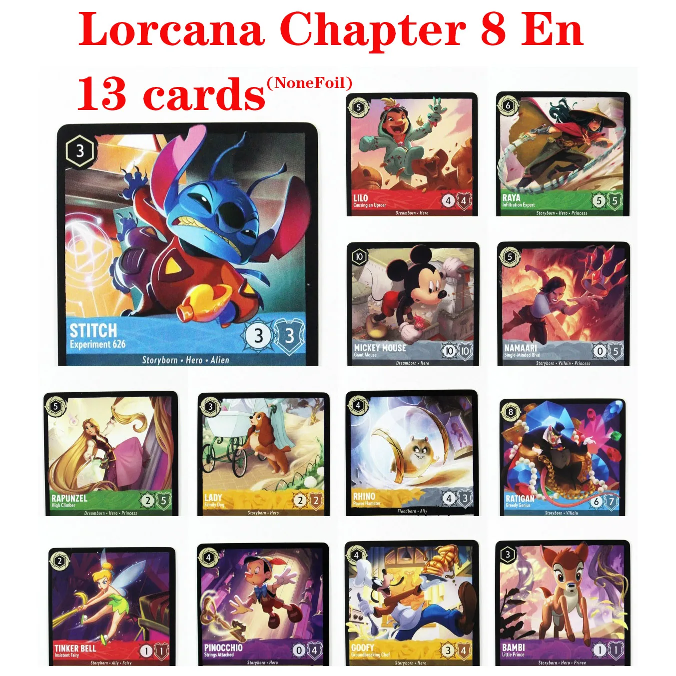 

Chapter 8 Lorcana Proxy NoneFoil Английские коллекционные карточки высшего качества - игровая карта Stitch/mickey mouse/rapunzel/ratigan/rhino proxy
