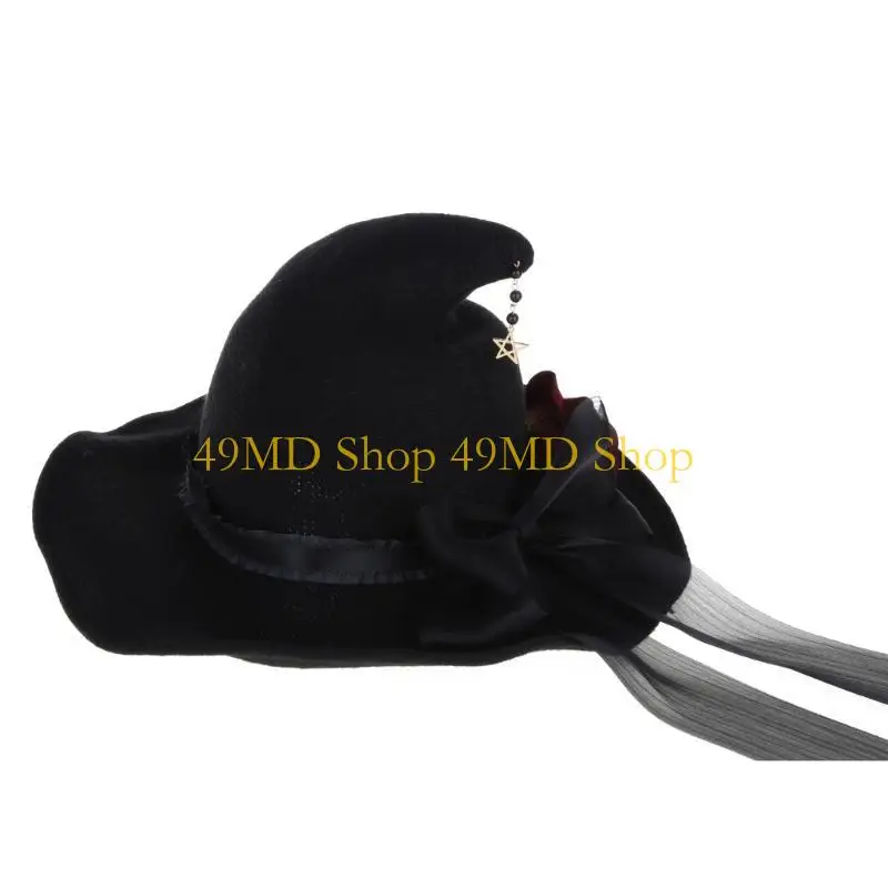 49MD Witch Hat Rose Big Bow Halloween Gifts Fun Fancy Dress Party Light up Glitter Wide Brim Witches for Head Ornament
