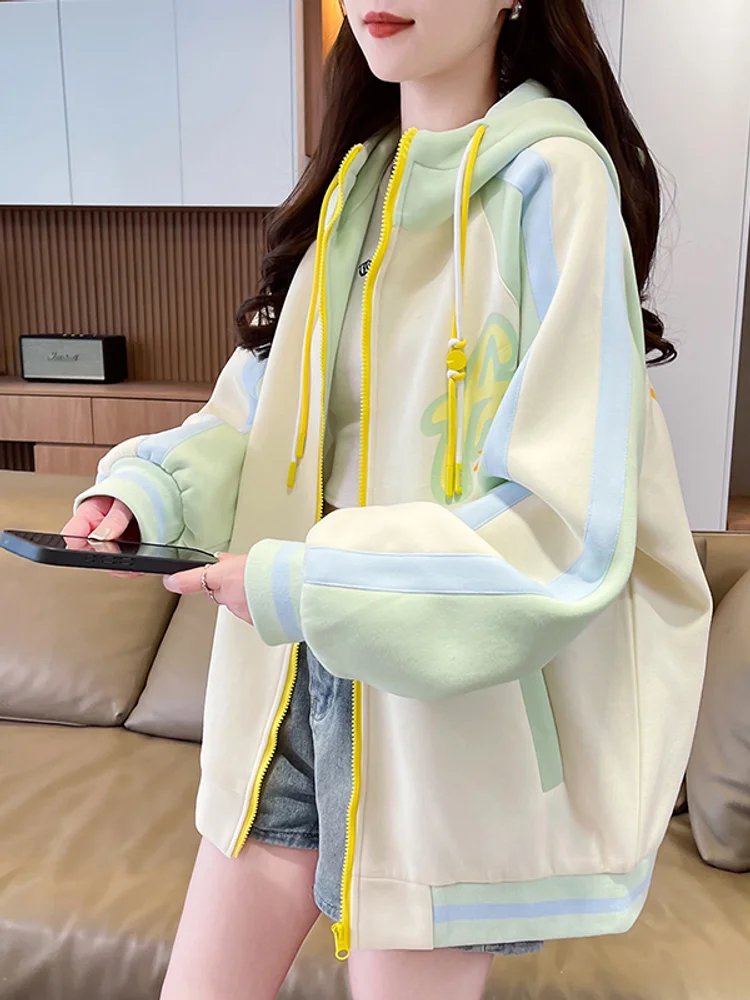 Spring Autumn Color Blocking Baseball Uniform Loose Fashion Design Sense Retro Casual Comfortable Student Hooded Hoodie Coat