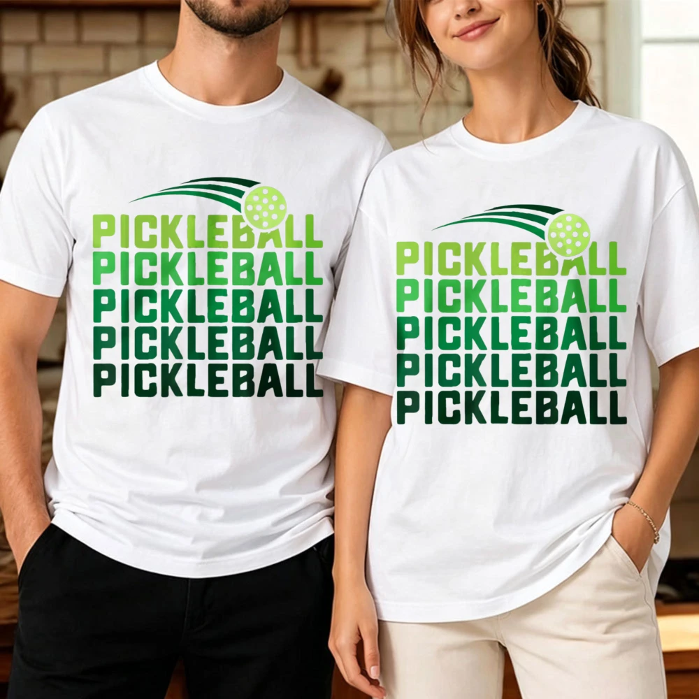 Gradient Green Repeat Pickleball Text Dynamic Speed Line Ball Print Cotton Tshirt Unisex Sports Lover Graphic Casual Outdoor Top