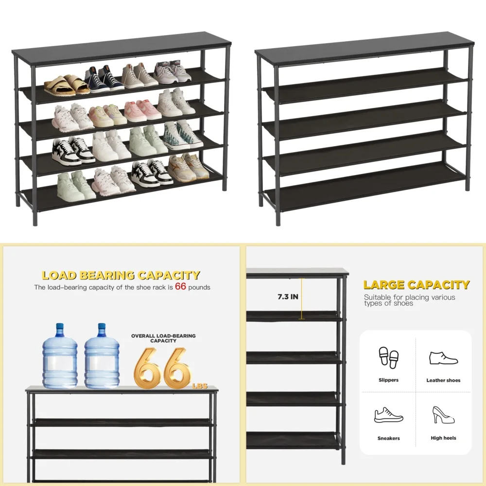 

5 Tier Shoe Rack Storage Organizer with Steel Frame Wood MDF Top Fabric Cover Space Saving Floor Standing Closet Organizer for