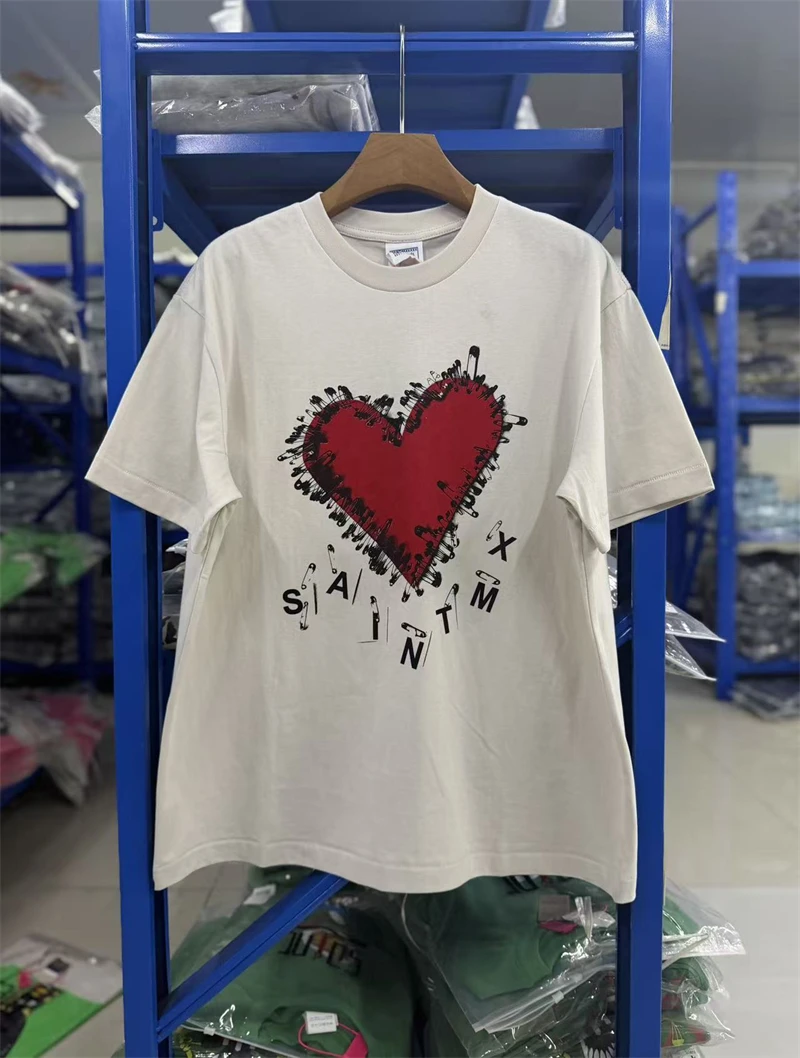 Nouveau T-shirt pour homme Saint Mx6 High Street Vintage Love Pattern Print, col rond, manches courtes, lavé, polyvalent, tendance