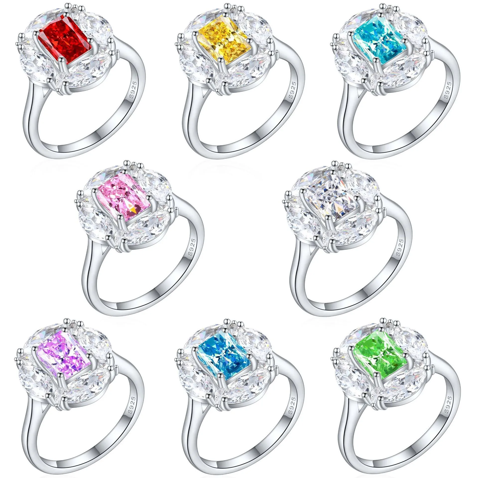 

925 Sterling Silver Women's Luxury Wedding Rings Shiny Cubic Zirconia with Geometric Pattern Rhodium Plated Finger Rings