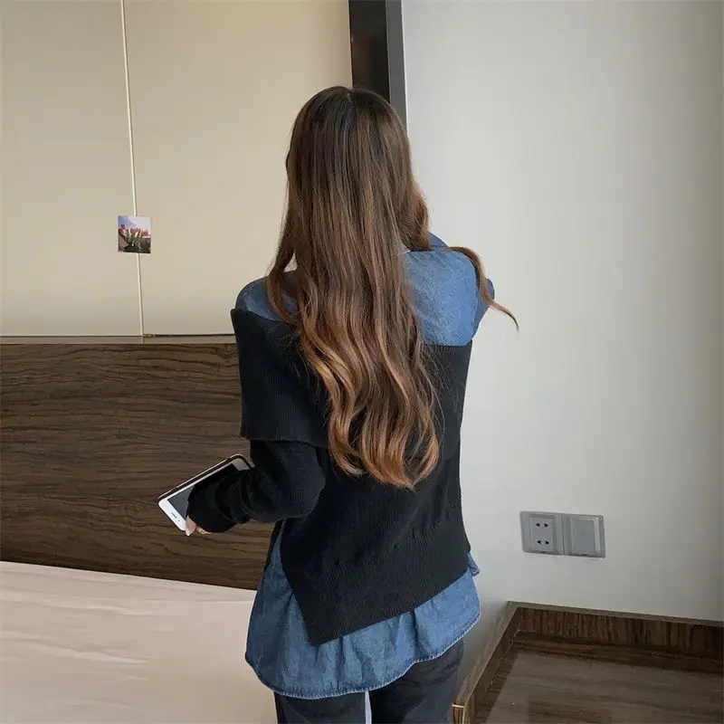 Cowboy Knitted Fashion Set for Women's Spring  Autumn 2023 New Black Vest Sweater Tank Top Cowboy Two Piece Set