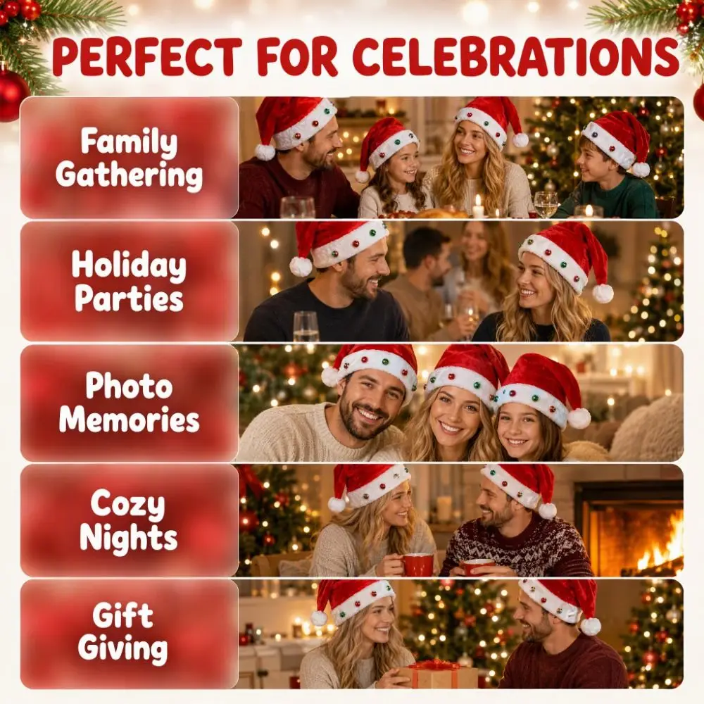Multi Colored Red Christmas Hat Funny Interactive Design Fur Xmas Cap Lightweight with Sewn Bells Santa Hat Family Christmas