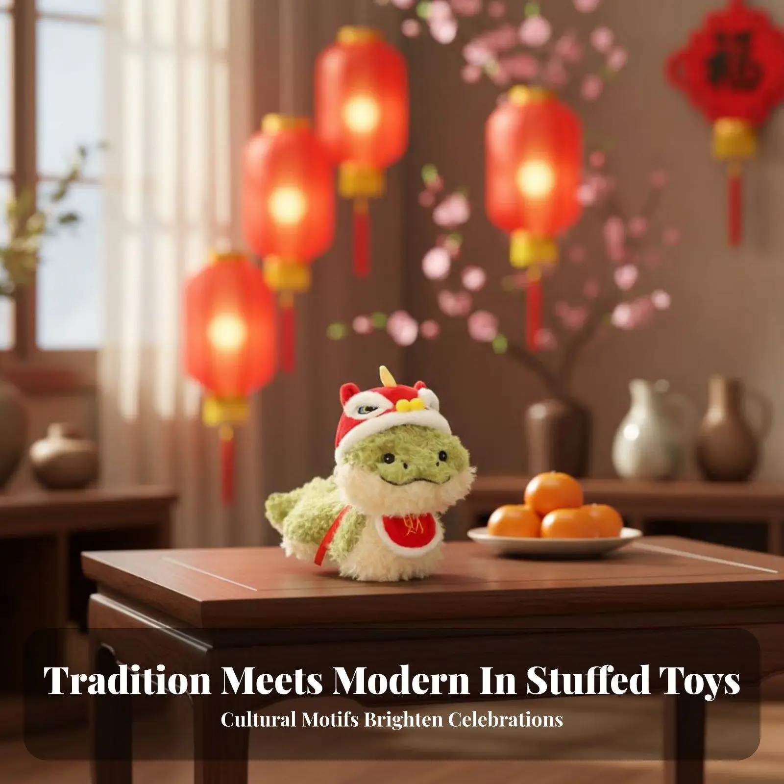 Soft Plush Snake Mascot Toy for Chinese New Year Celebration with Lion Dance Costume and Auspicious Fortune Bib