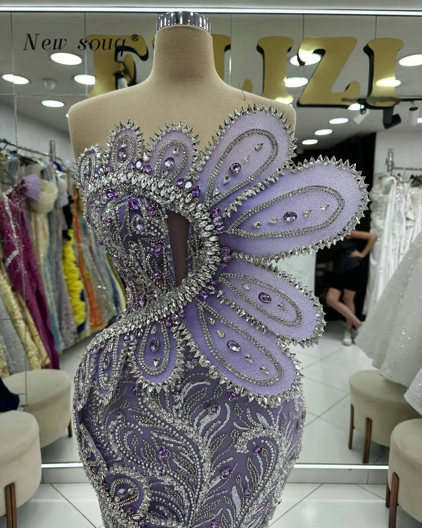 Abiti da sera lunghi viola lavanda dal Design 3D Chic con cristalli abiti da cerimonia per feste di secondo ricevimento con paillettes scintillanti a sirena formale