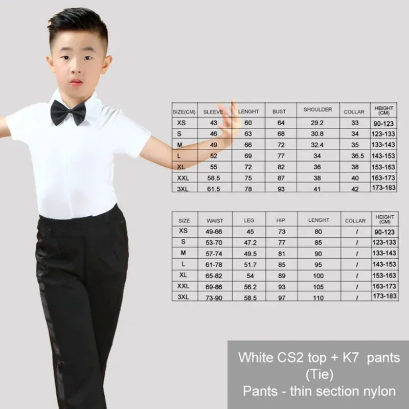 Traje latino para niños y adultos, camisa, pantalones, corbata, trajes de baile latino blancos para niños, traje de 3 piezas, salón de baile moderno, Tango, Rumba