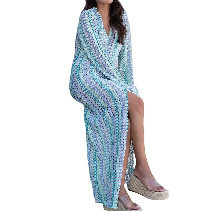 

Женское вязаное крючком макси-платье CYL с длинными рукавами-колокол, V-образным вырезом, свободного кроя, в стиле бохо, с вышивкой и разрезом