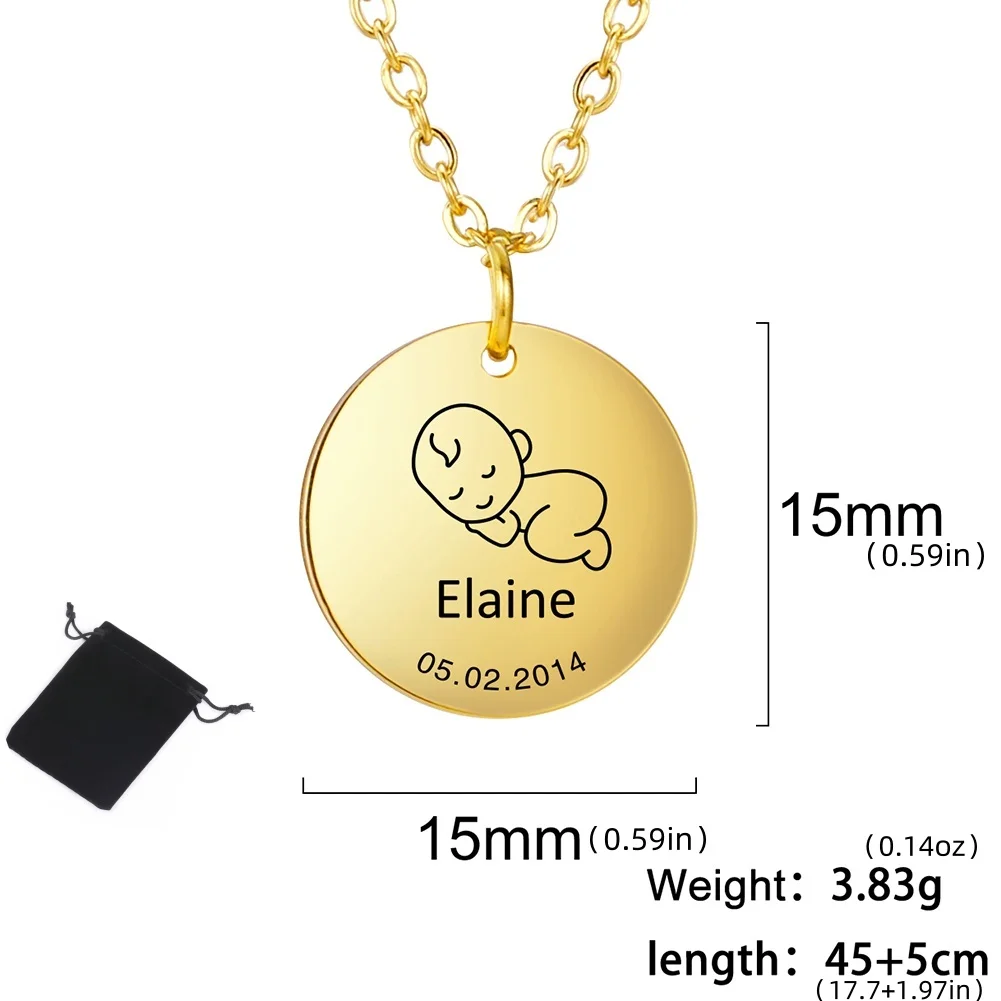 Customized Name Date Round Pendant Necklace, Stainless Steel Gift