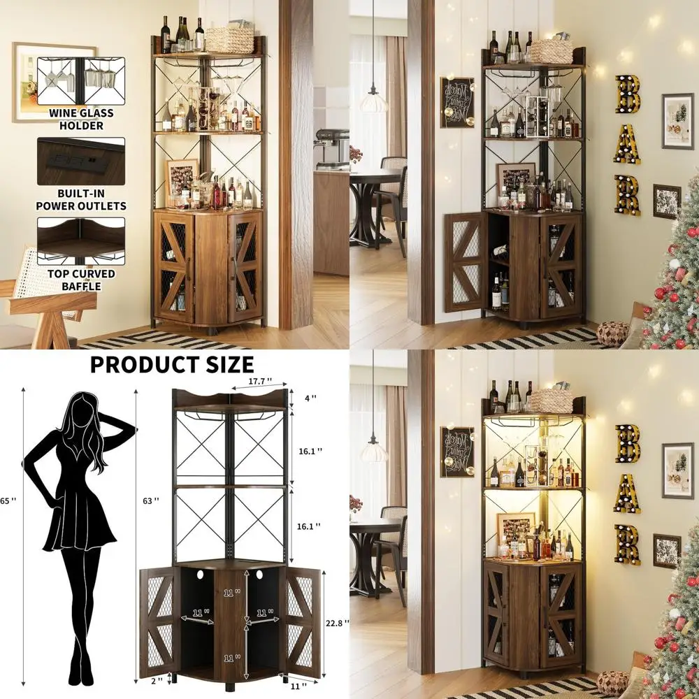 

63 5-Tier Industrial-Style Wine Bar Cabinet with LED Lights, Glass Holder & Power Outlet, Walnut Finish