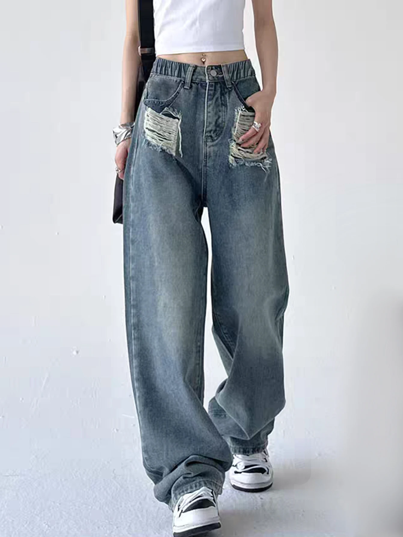 

Teenage Girls Wide Leg Straight Cut Jeans Retro Wash Casual Loose Fit Long Length Simple Style Adolescent Denim Pants