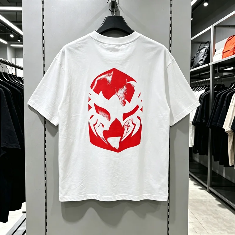 White Kanye TS-07 07.04 T Shirt Blue Red Five-pointed Star Mask Print Tee Men Women High Quality Loose Cotton Short Sleeve Tops
