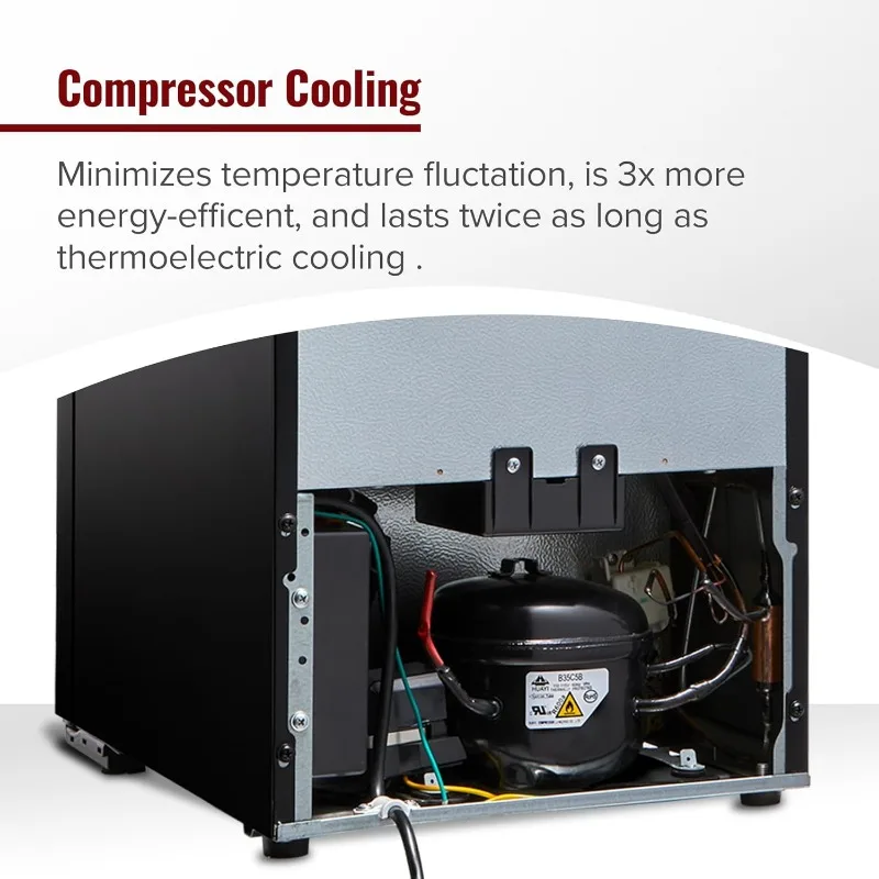 Enfriador de vino con compresor MAX de doble zona para 18 botellas, refrigerador independiente con almacenamiento y temperatura divididos