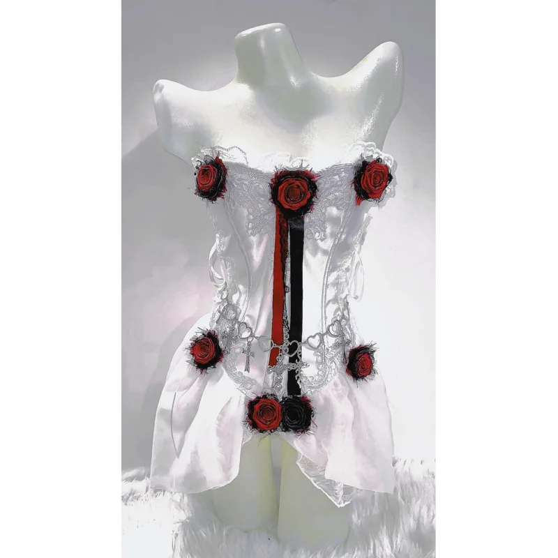 

White Gothic Subculture Heavy Industry Handmade Three Dimensional Decoration Fishbone Strap Body Shaping Dress Thorny Rose