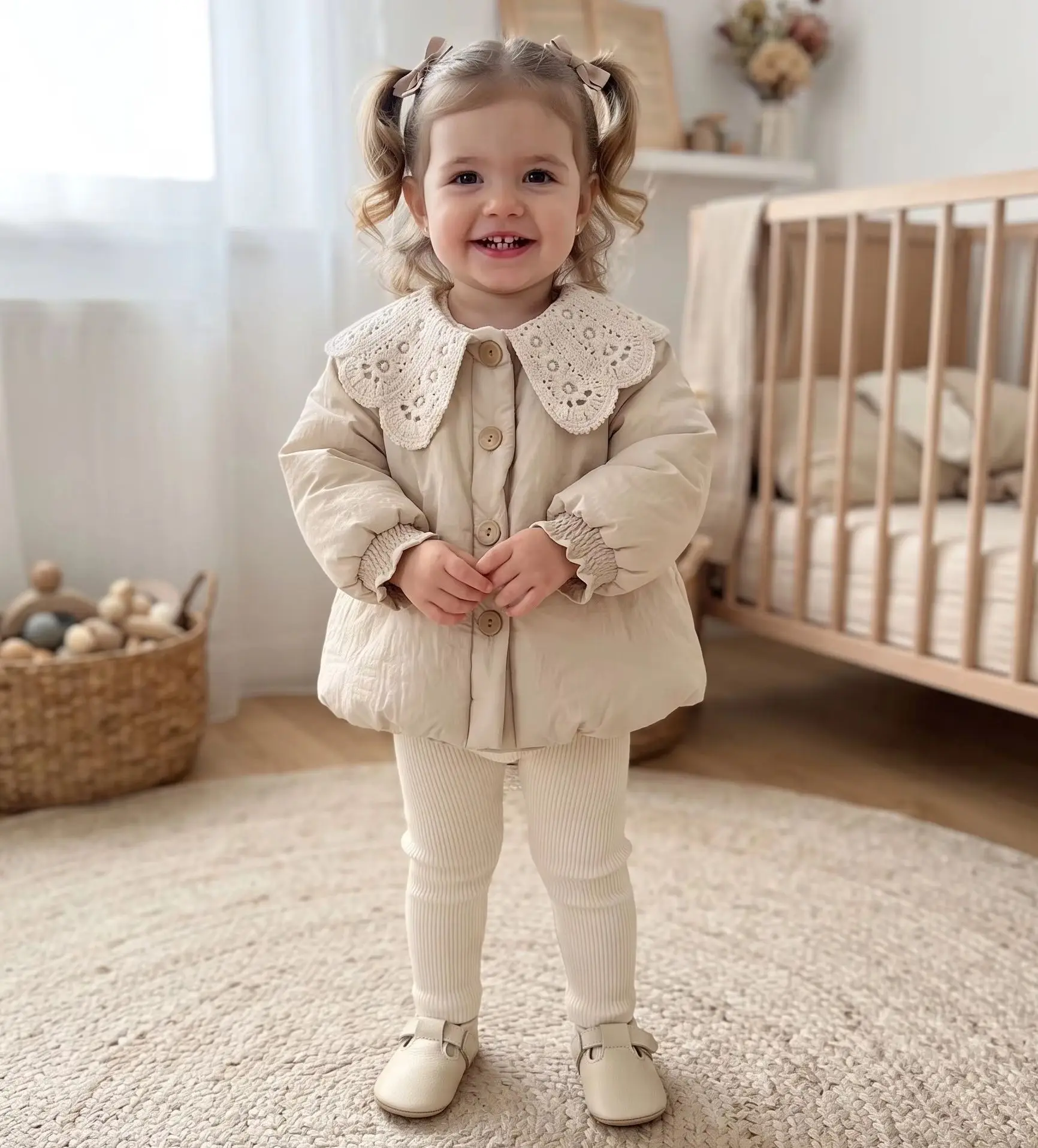 Baby Girls Clothes Lace Big Collar Quilted Jacket, Infant Single Breasted Loose Thick Warm Outerwear Coat