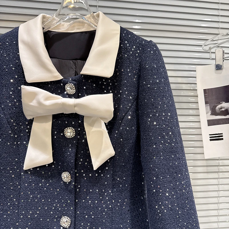 French style bow coarse tweed down lining middle long jacket 2025 winter new elegant color blocking commute jacket