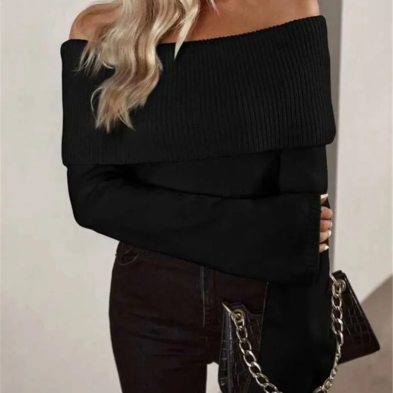 Mode Herfst Vrouwen Off Schouder Trui Lange Mouw Elegant Casual Solid Gebreide Tops Sexy Trui Kleding