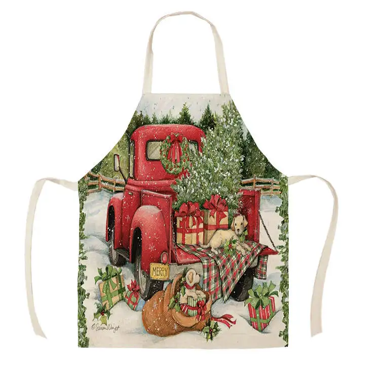 1Pcs Kitchen Apron red truck christmas wish tree Printed Sleeveless Cotton Linen Aprons for Men Women Home Cleaning Tools55*68cm