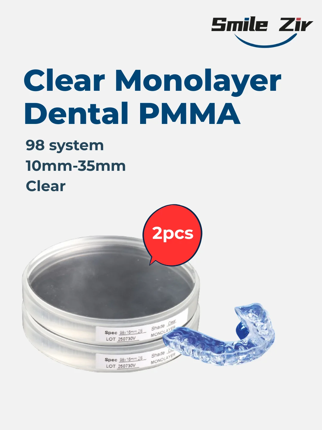 2 Stück Dental Monolayer Clear PMMA Disc CAD/CAM Dentallabor 98mm Klarer PMMA Fräsblock 10-25mm Transluzenter Mono PMMA Block