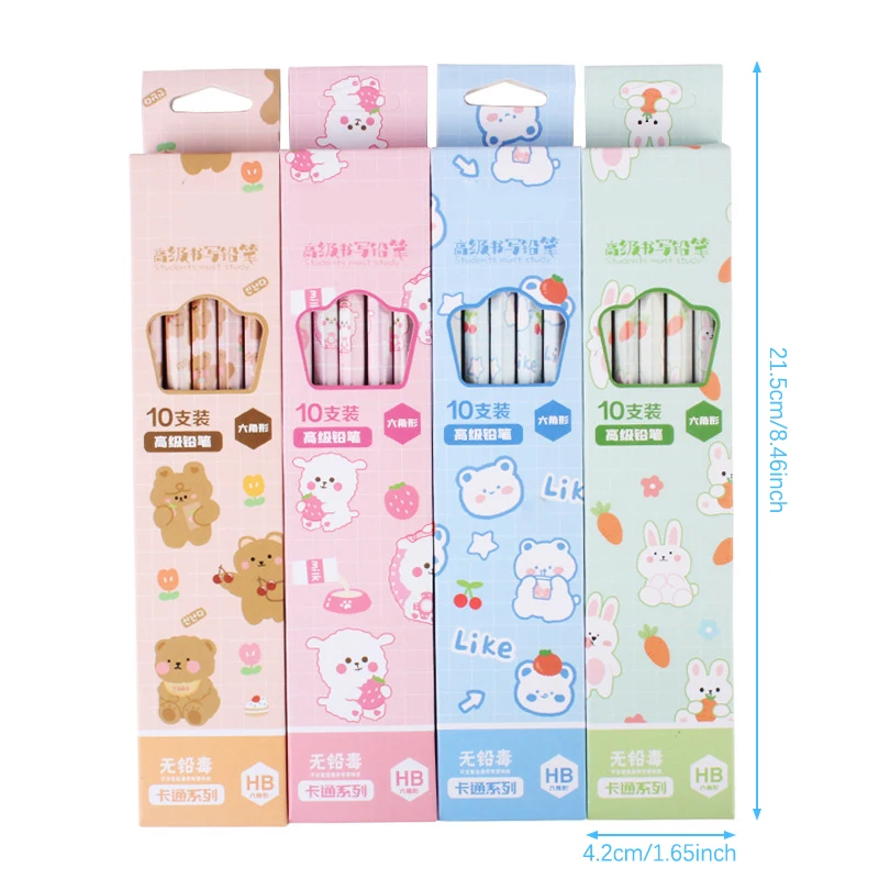 Juego de lápices de grafito de 10 piezas, lápices de papelería coreanos Kawaii para niños, suministros de arte para escritura y dibujo escolar