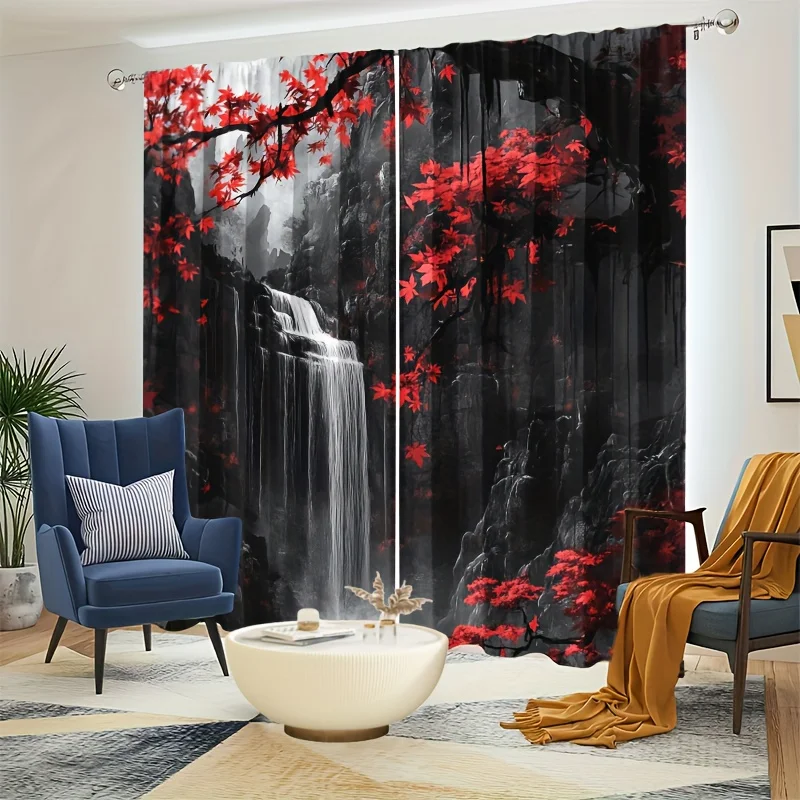 2pcs Red Maple Waterfall Curtains Landscape Scenery Print Blackout Drape Living Room Bedroom Window Treatment Home Decor