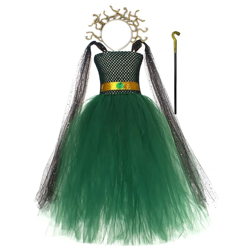 Children Medusa Cosplay Costume Girls Fancy Greek Queen Green Tutu Dress with Headband Cape Set Kids Stage Performance Costumes