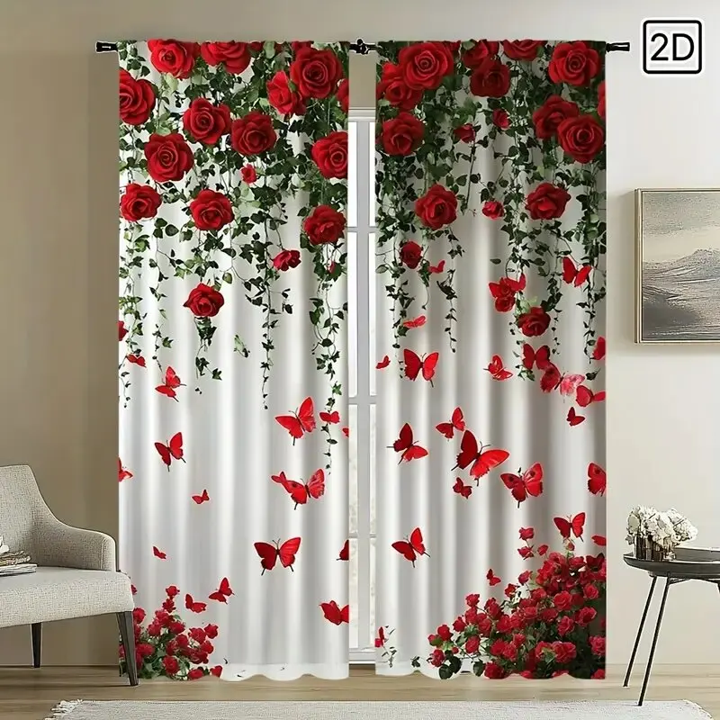 

Red rose and Butterfly Art - Pole bag curtains, bedroom and kitchen decoration, home decoration, living room decoration