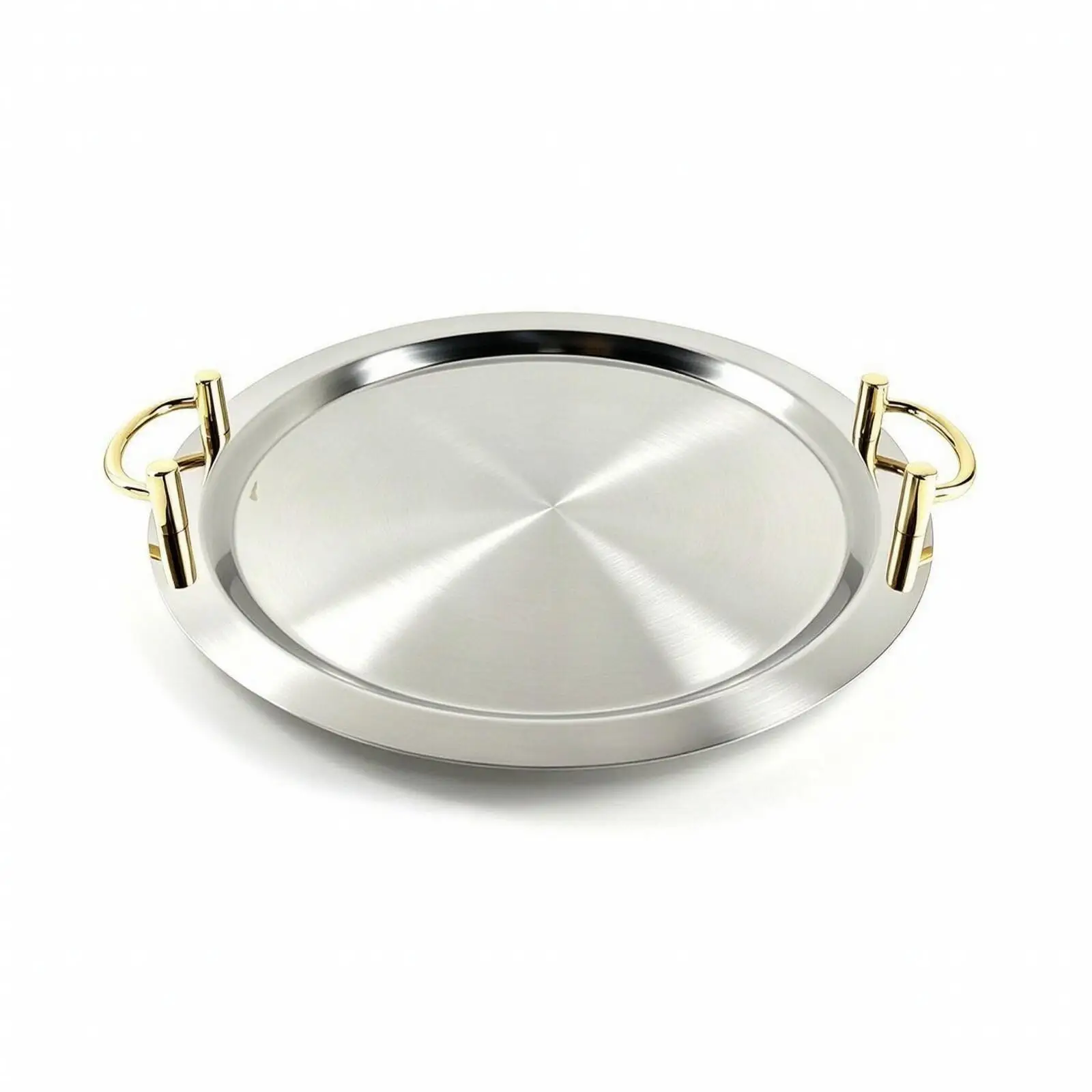 Polished Stainless Steel Serving Tray Gold-Colored Handles Round Stainless Steel Tray Elegant for Hospitality Places, Countertop